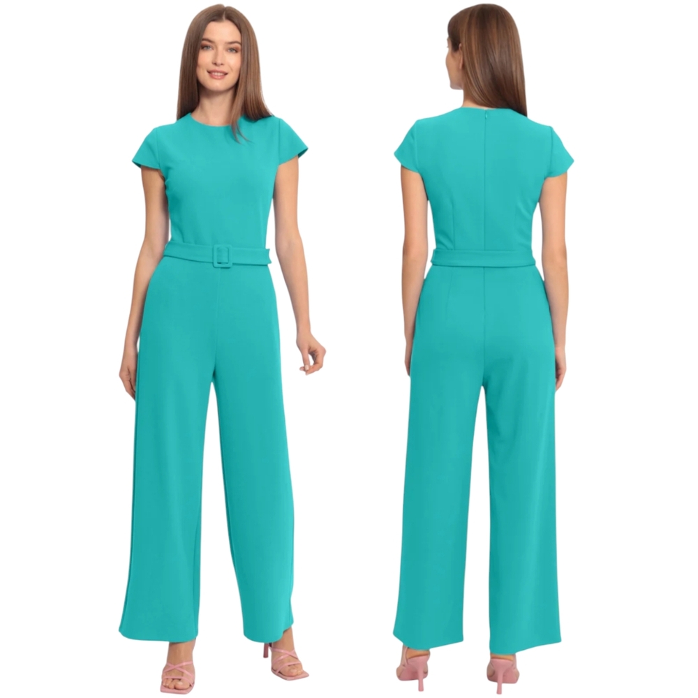 Maggy London | Eliza Aqua Blue Shortsleeve Belted Wide Leg Jumpsuit Size 18